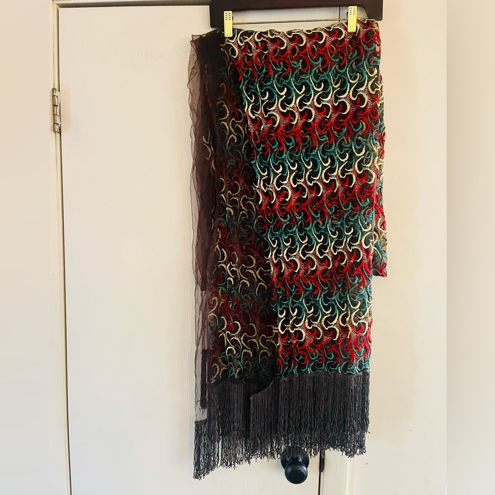 VTG Chiffon Art Deco Piano Shawl Fringe 70s  20s Embroidered Shawl